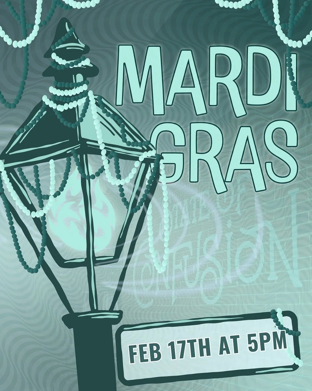 Get ready for Mardi Gras, State of Confusion style.

Join us Tuesday, February 17 starting at 5 PM for a Confusion fueled Mardi party. 📿🍹⚜️

Special menus kick off at 5 PM:
&bull; $2 off all po&rsquo; boys: featuring five NEW po&rsquo; boys
Voodoo 