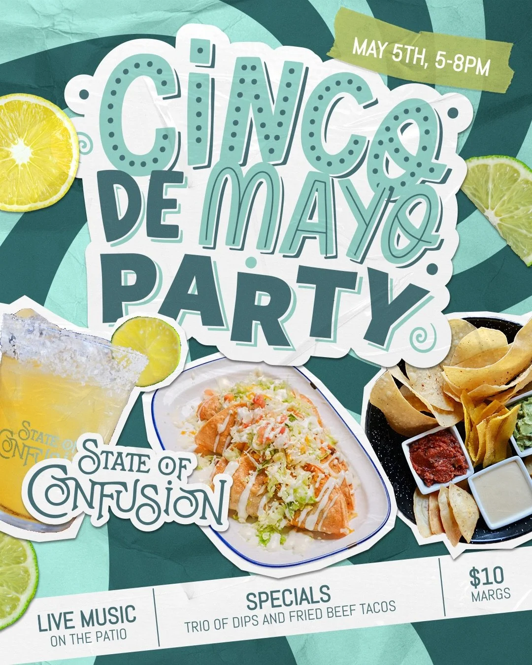 Life is short. Order that round of margs for the table.🍋&zwj;🟩🎶

Pssst&hellip; this Cinco de Mayo we are serving up $10 Margaritas, specials on trio of dips and fried beef tacos, and live music to celebrate accordingly.

This Cinco de Mayo, celebr