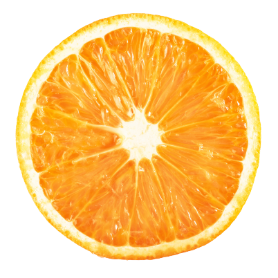Close-up of a sliced orange showing its juicy, bright orange interior and textured rind.