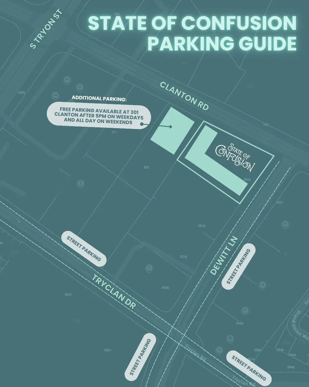 Map of parking options near State of Confusion, showing street parking, additional free parking at 301 Clanton after 5 PM on weekdays and all day on weekends, with street names Tryclan Drive and Dewitt Lane.