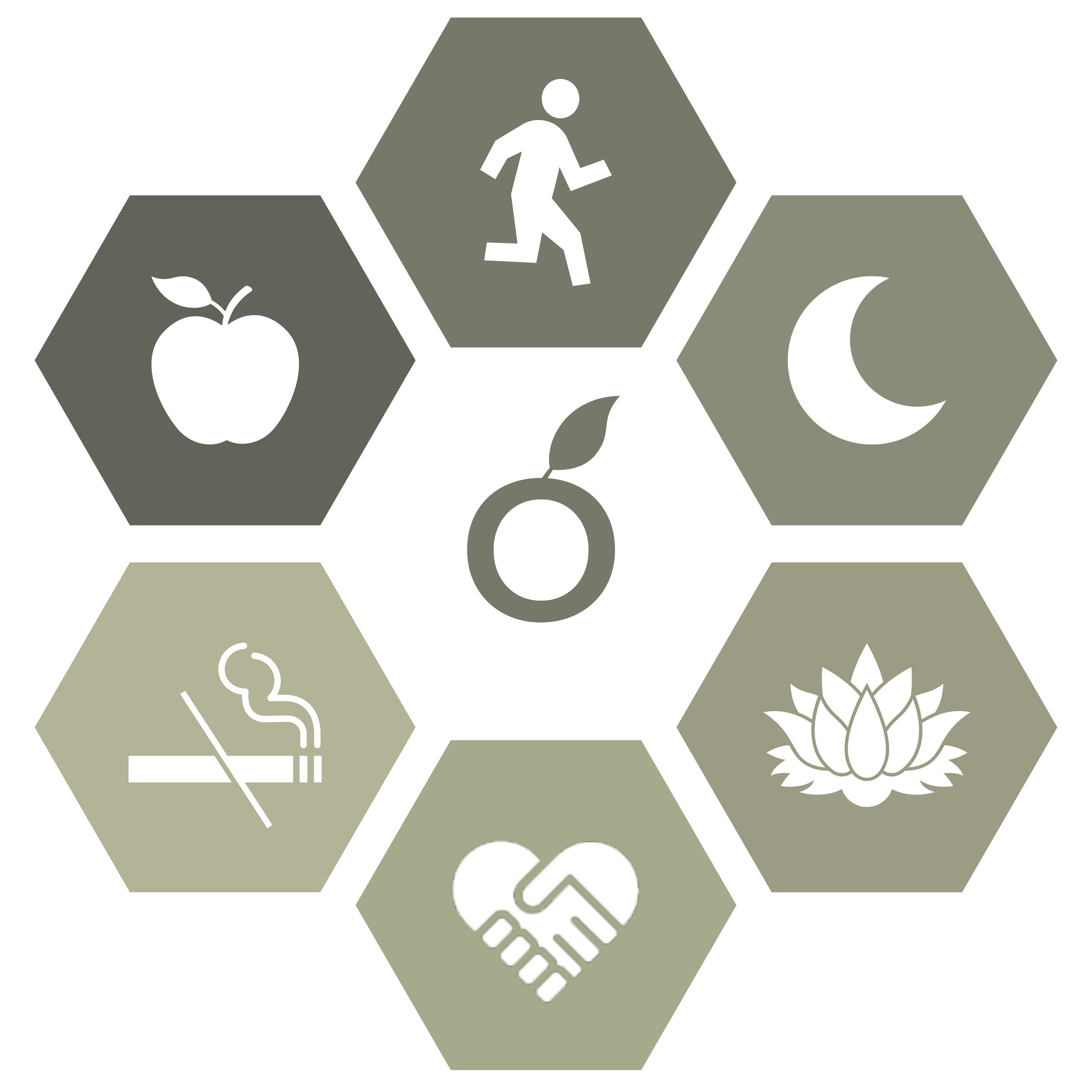 Hexagons with icons representing health, fitness, sleep, nature, smoking cessation, hydration, and collaboration.