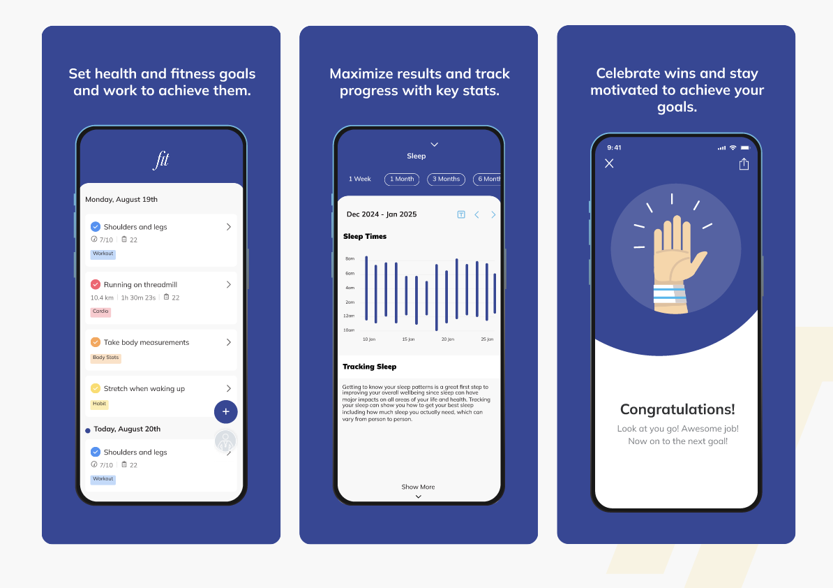 Screenshots of a fitness tracking app showing workout plans, sleep tracking graphs, and a congratulatory message for achieving a goal.