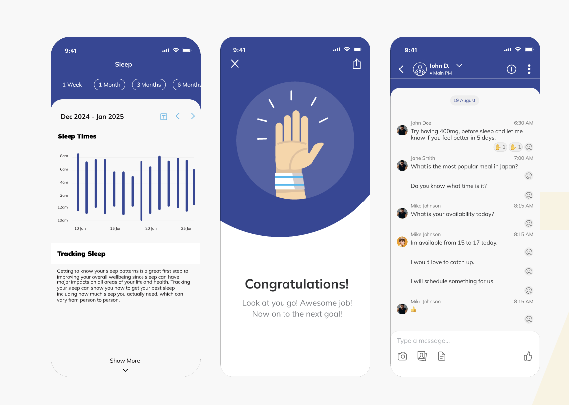 Screenshots of a mobile health app showing sleep tracking data, a congratulatory message for reaching a goal, and a messaging screen with conversations about sleep and availability.