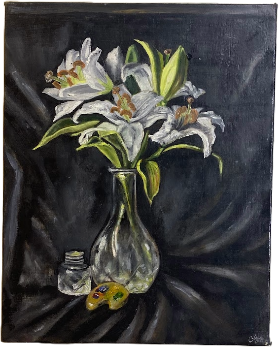 Oil painting of white lilies in a clear glass vase placed on black fabric, with a paint palette and a jar in the foreground.