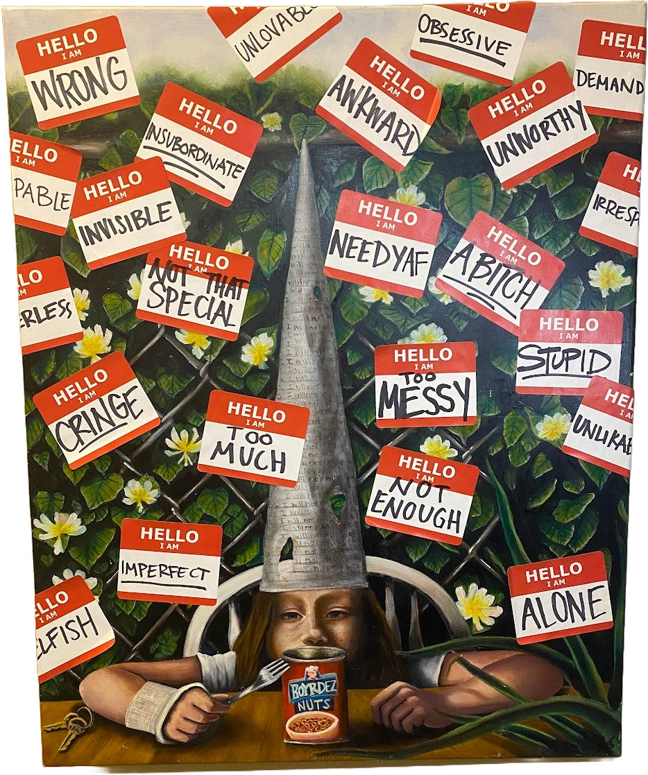 A child wearing a paper cone hat eating from a can of baked beans at a table. The background is decorated with green leaves and white flowers, and there are various 'hello my name is' stickers with words like 'wrong,' 'awkward,' 'invisible,' 'not that special,' and other words expressing negative feelings. The scene portrays a humorous or expressive depiction of social anxiety or awkwardness.