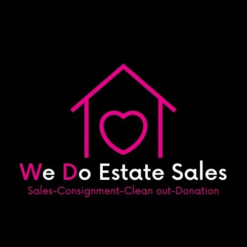 Logo with a pink house outline, heart inside, and text "We Do Estate Sales" and "Sales-Consignment-Clean out-Donation" on a black background.