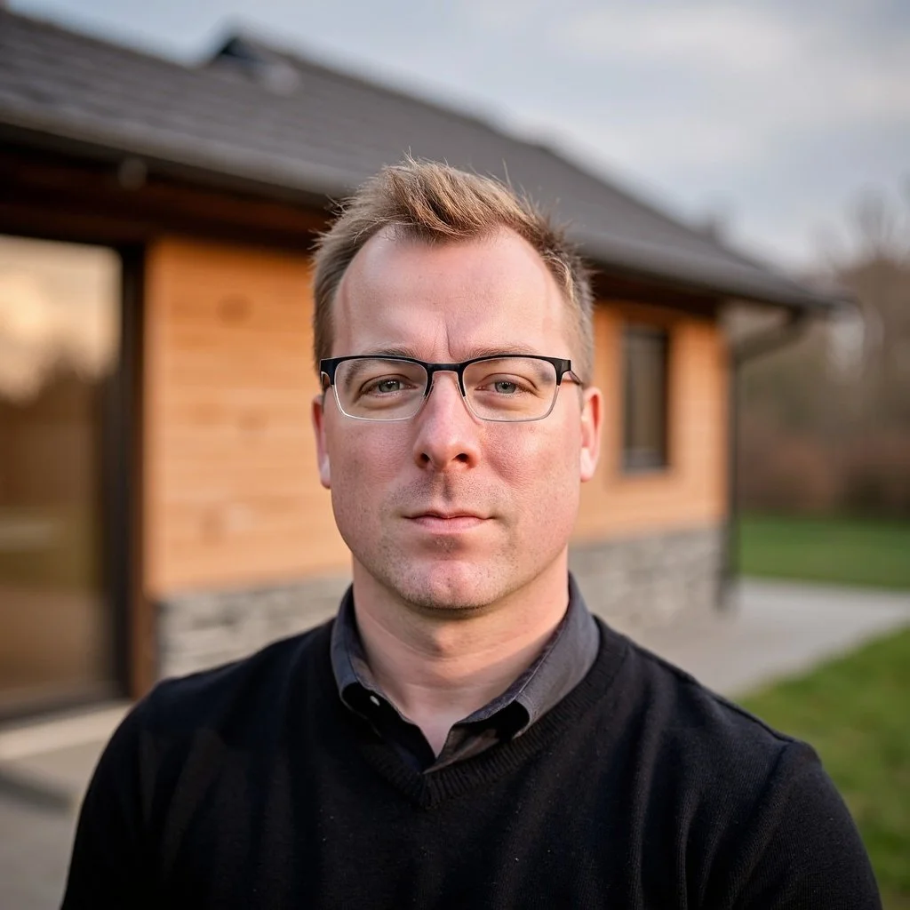 Close-up of a man with glasses and light brown hair taking a selfie outdoors in front of a house with wooden siding and a gray roof.