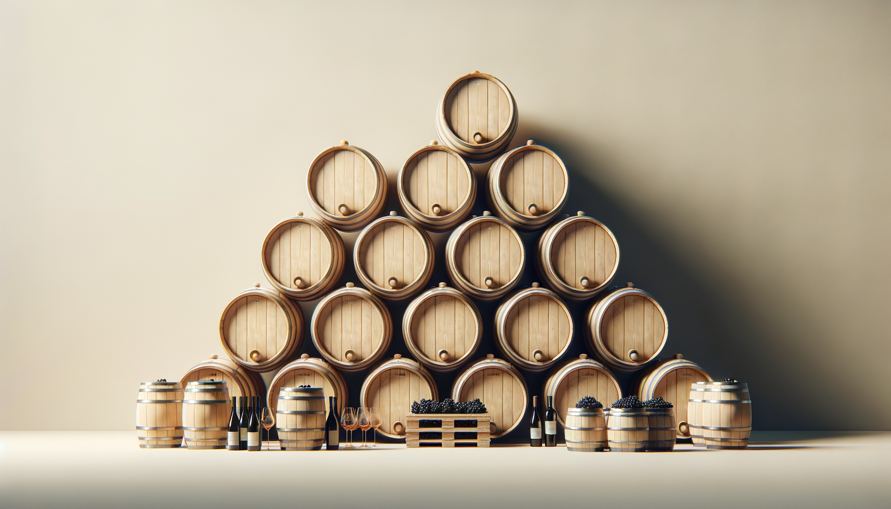 Stacked wooden wine barrels with wine bottles and glasses in front, and a crate of grapes, set against a plain background.