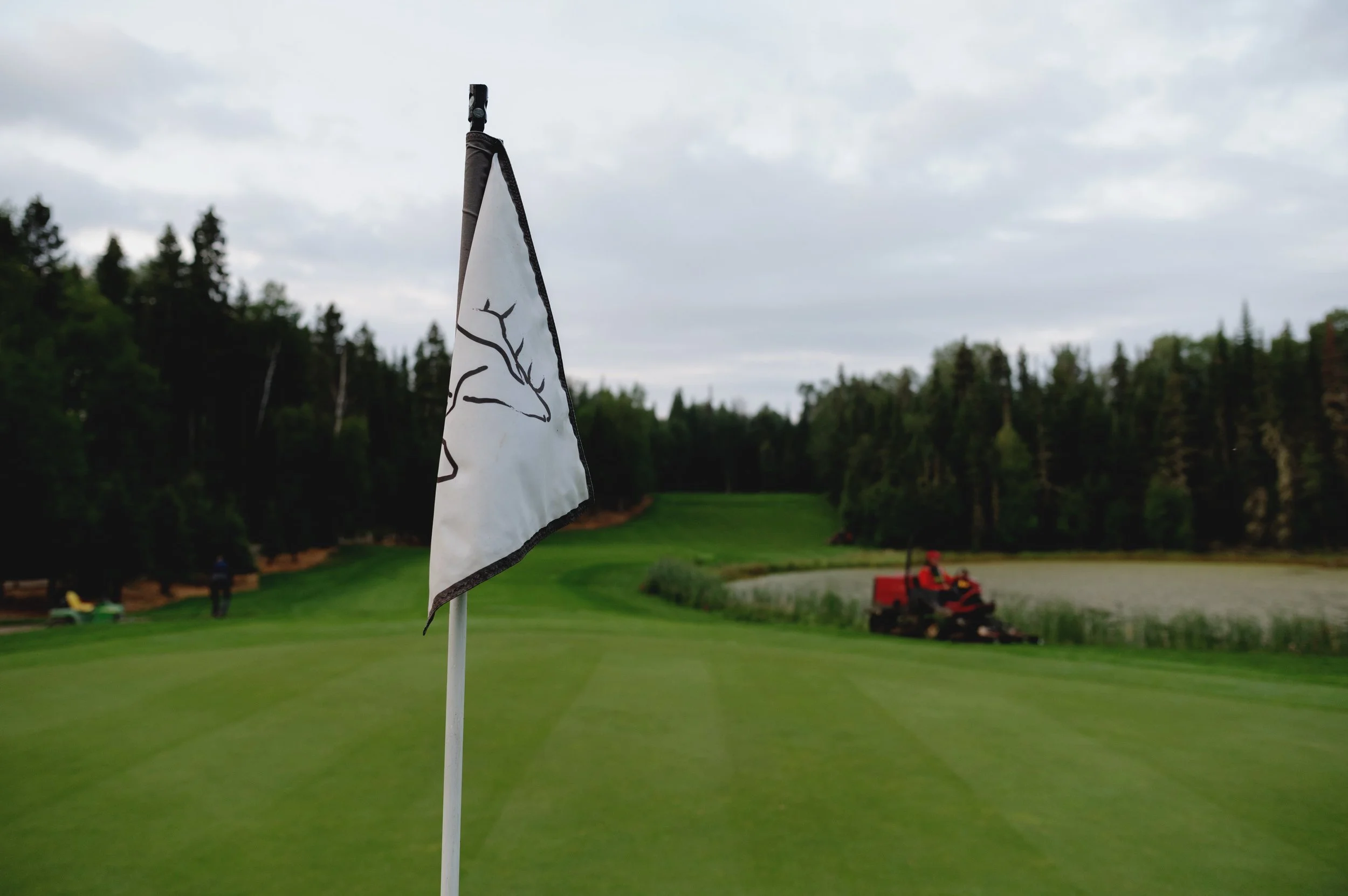 Golf course with a flagstick in the foreground, green grass, and trees in the background under a cloudy sky, with a person on a riding mower.
