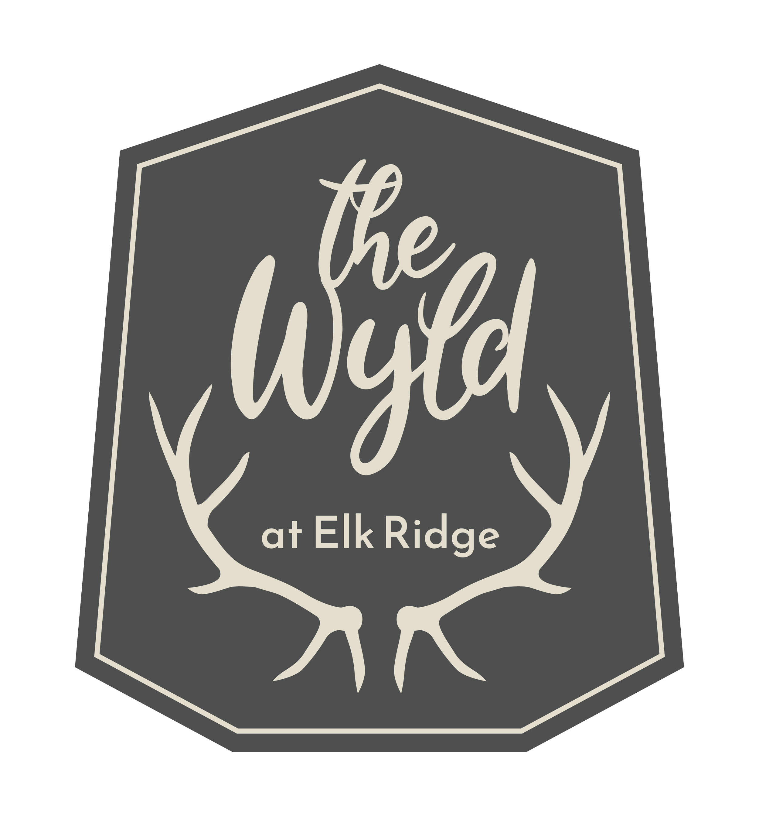 A hexagonal black sign with white border and white text that reads 'the Chest at Elk Ridge' over a white silhouette of a chestnut tree.