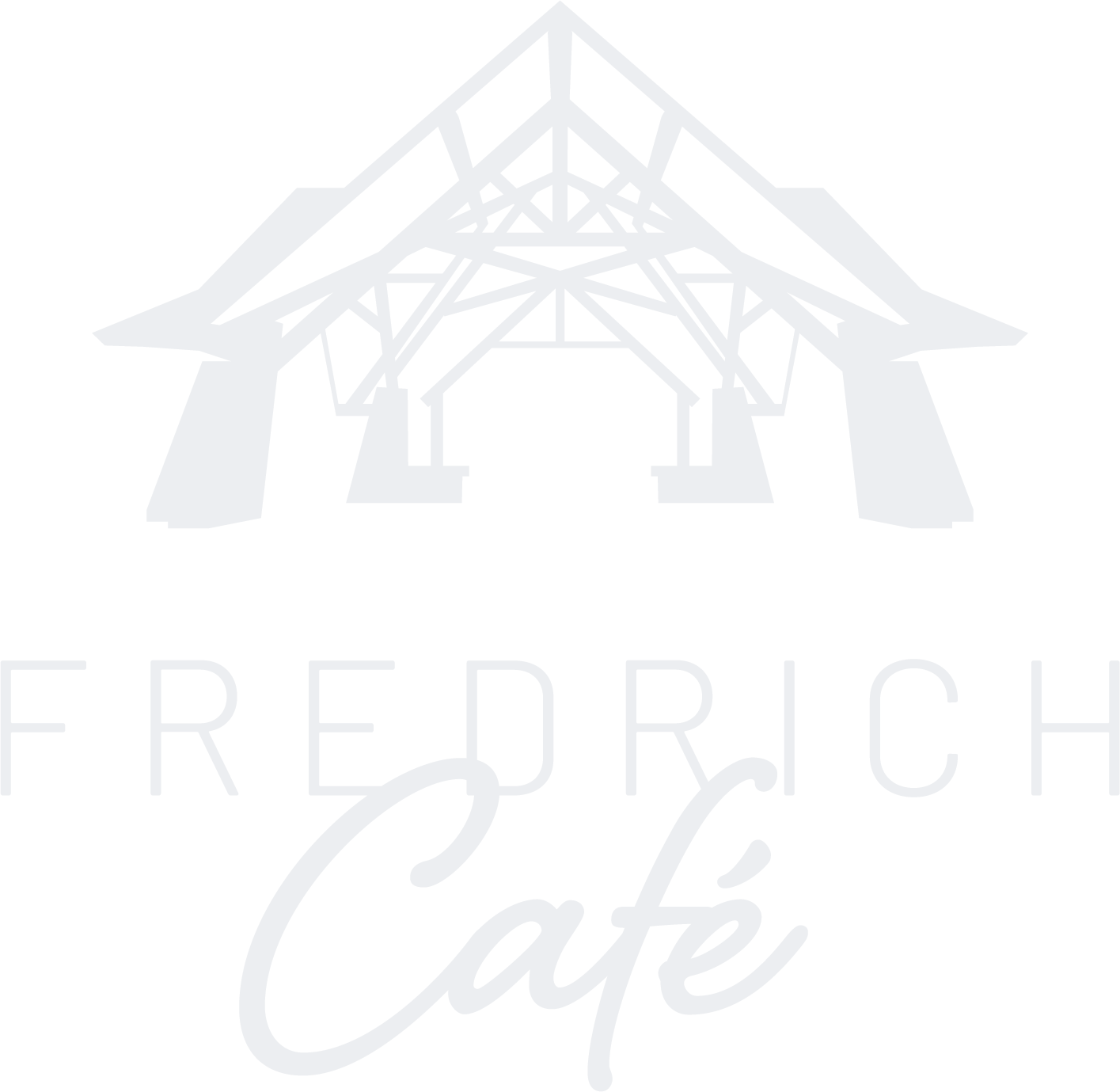 Line art of a structure with a triangular roof and supports, with the words "FREEDOM Gray Cafe" in stylized text underneath.