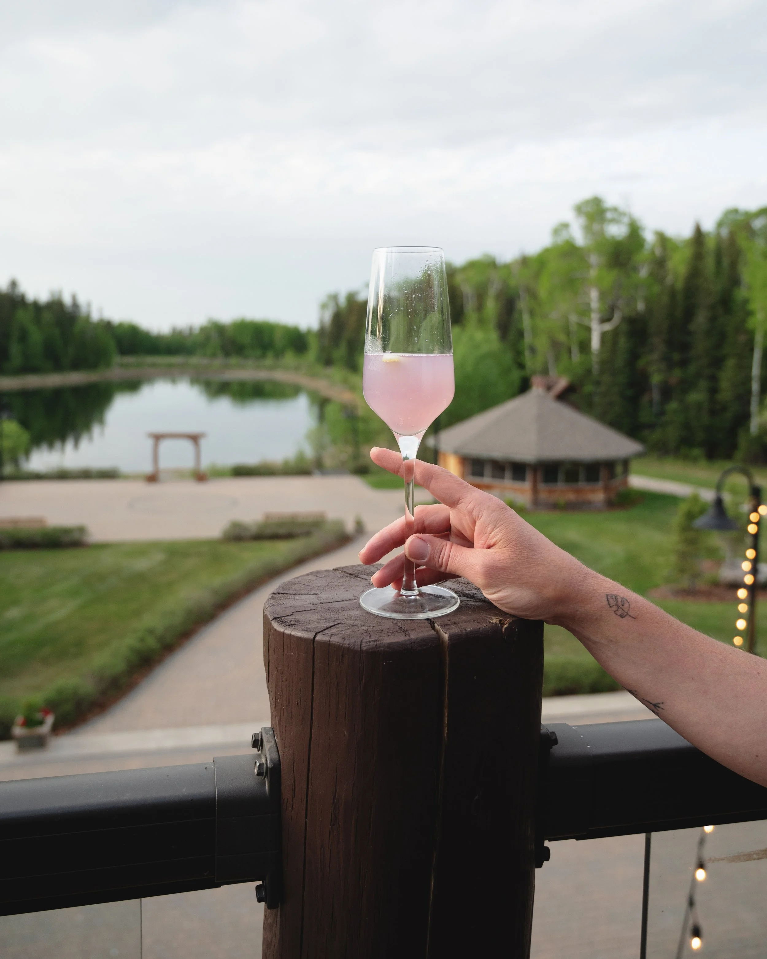 A hand holding a glass of pink beverage with lemon slice, seen outdoors with a lake and trees in the background, overcast sky, and string lights along a railing.