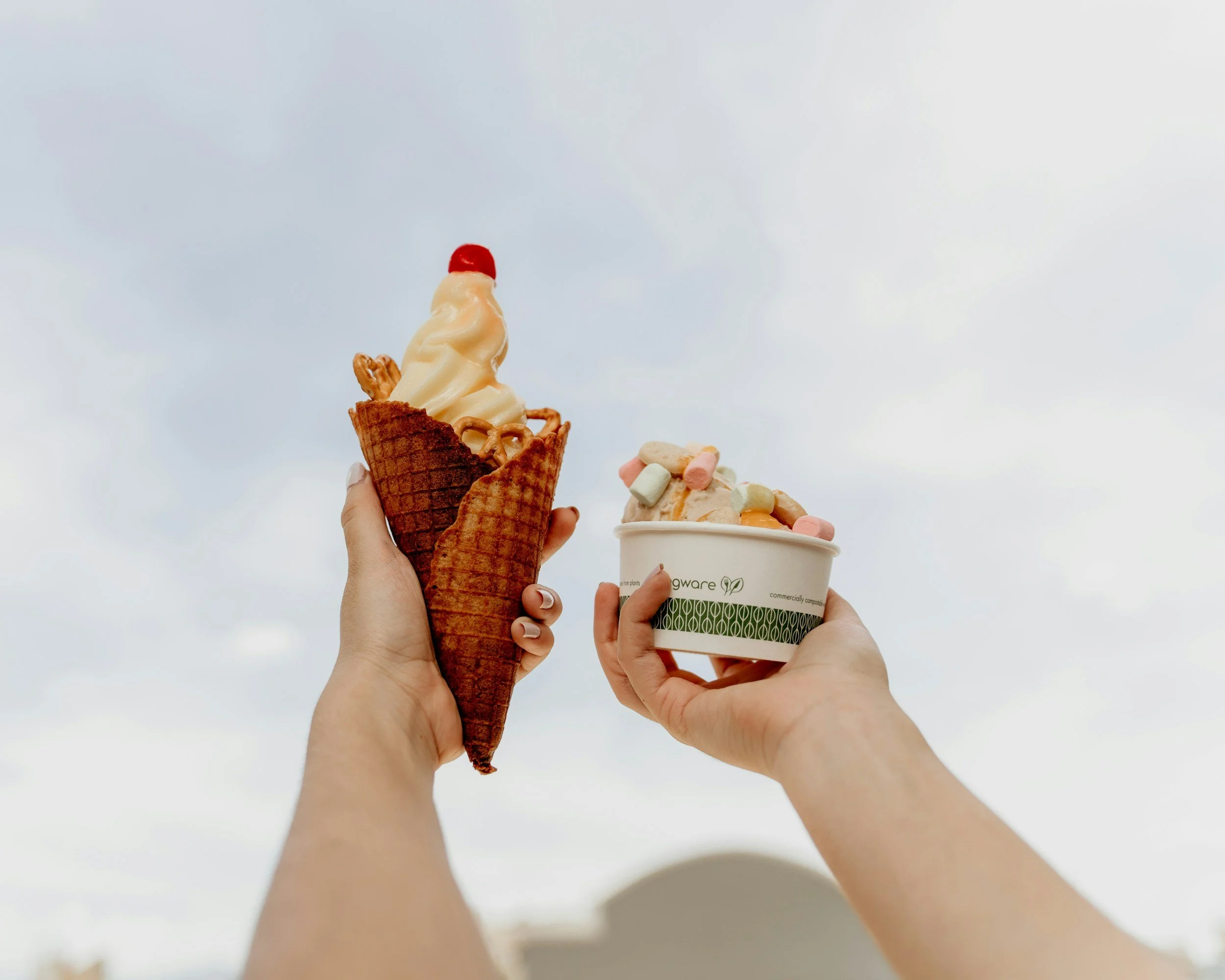 Two hands hold ice cream cones with different flavors and toppings against a cloudy sky.