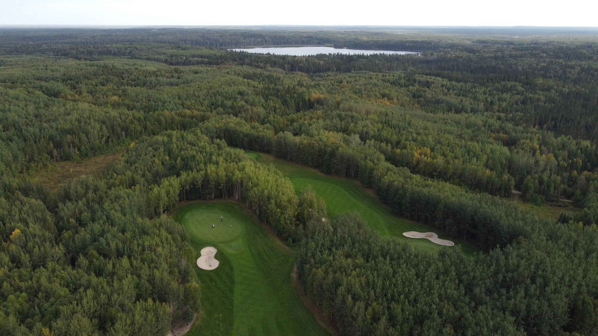 Aerial view of a lush green golf course surrounded by dense forest and a distant lake in the background.