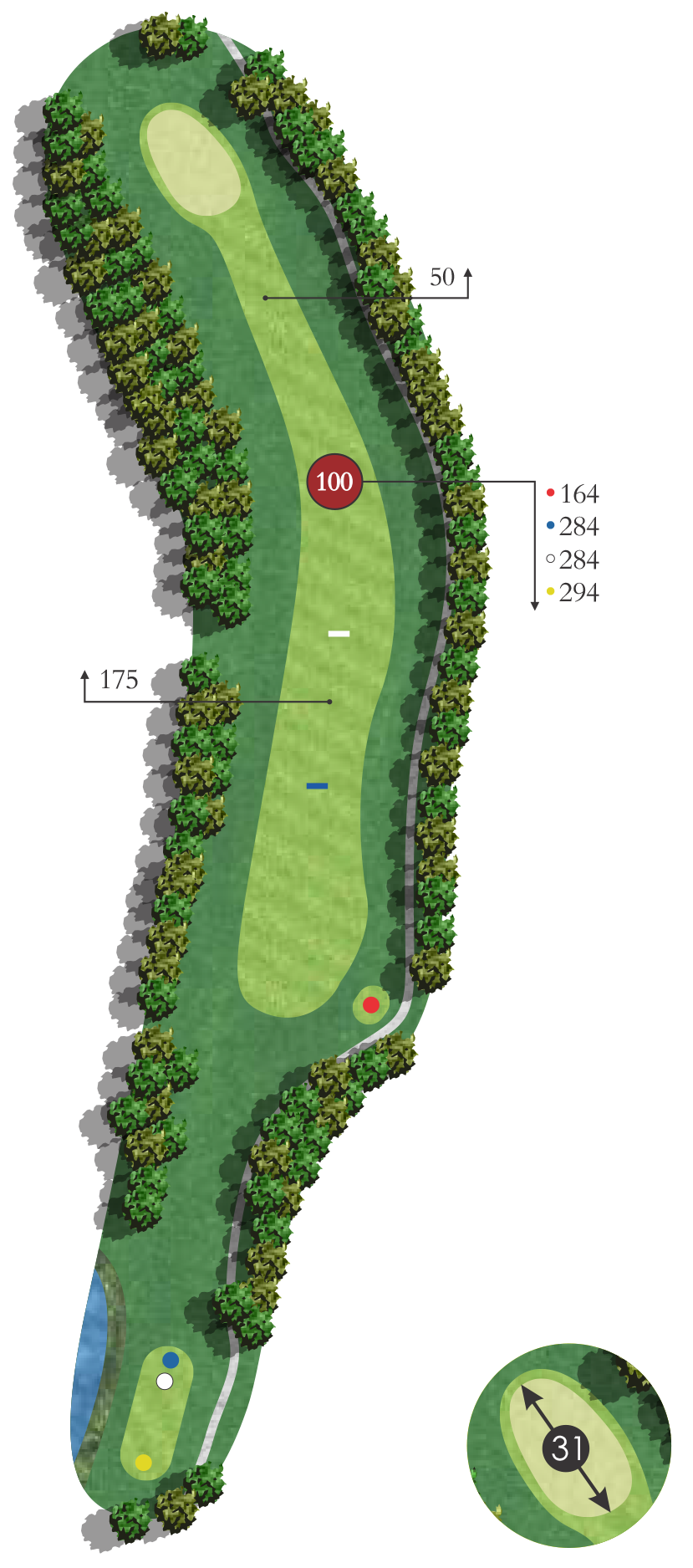 Detailed diagram of a golf hole layout showing a curved fairway surrounded by trees, a water hazard near the tee, and a green with a flag at the top. The diagram includes distance markers and hazard areas.
