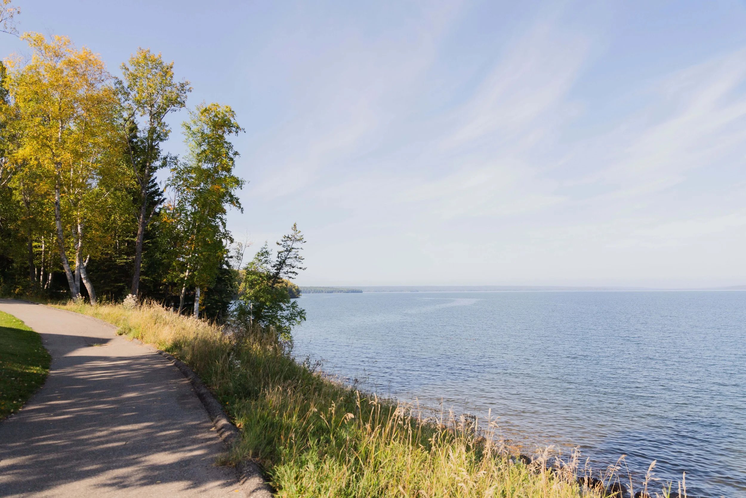 A peaceful lakeside scene with a walking path, green and yellow trees on the left, and calm water on the right, under a partly cloudy sky.