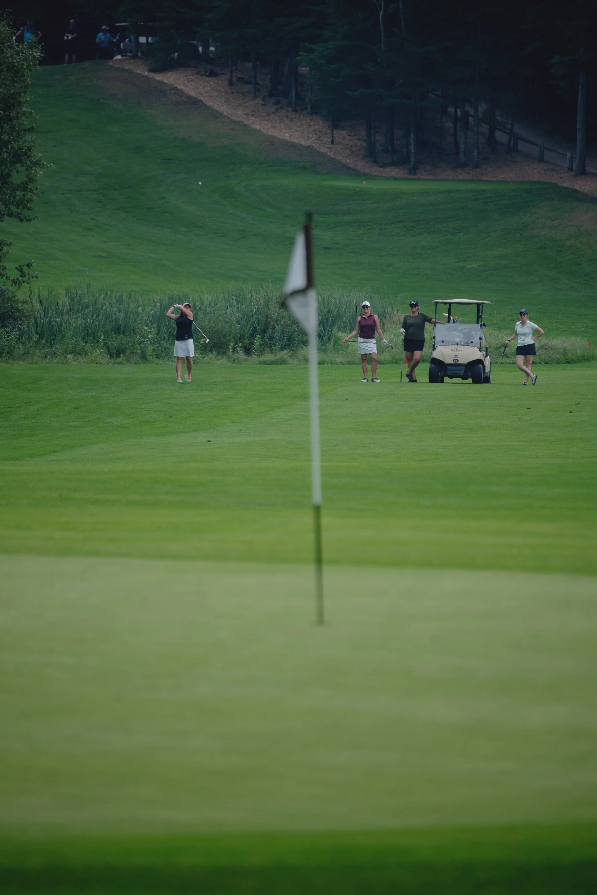 Golf course with four women, three standing and one preparing to hit a golf ball, near a golf cart, with trees and a hill in the background.