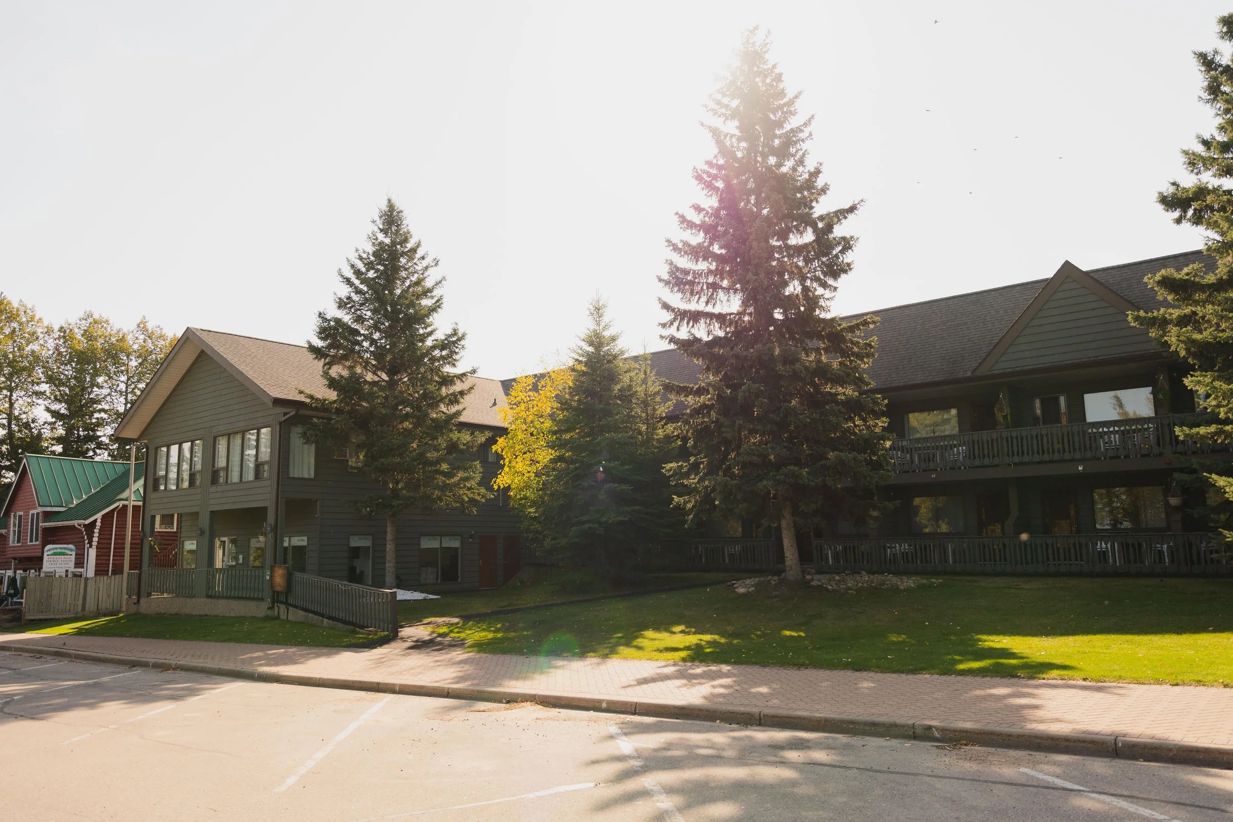 A parking lot with a few cars, in front of several houses or apartment buildings with trees around, under a clear sky with sunlight.