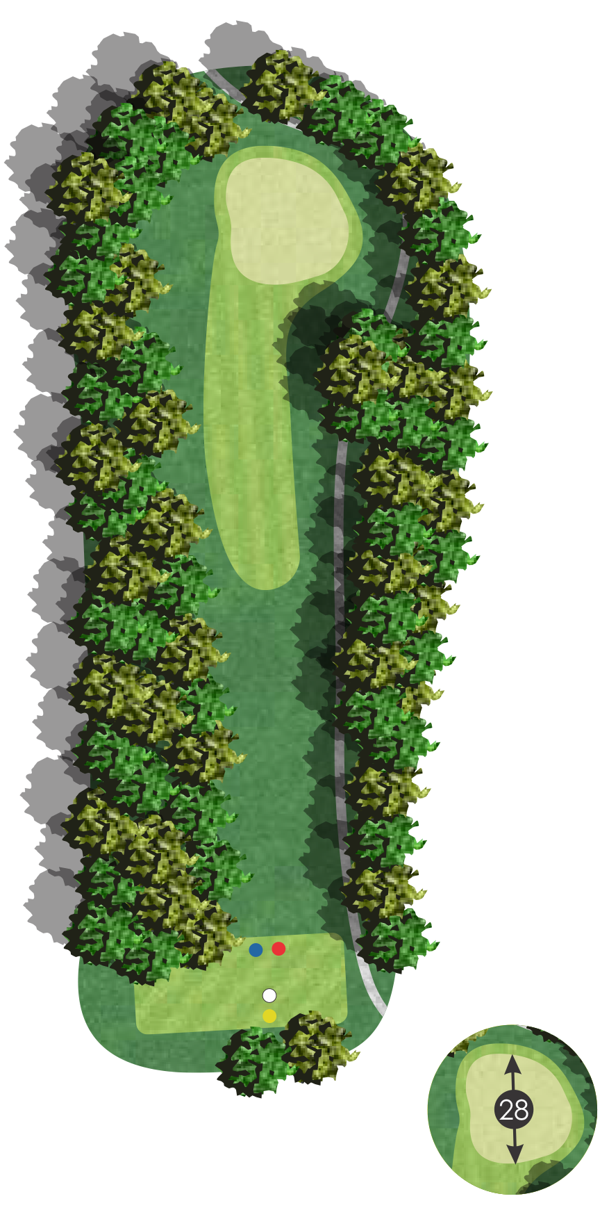 A top-down view of a golf course hole, showcasing the fairway, trees lining both sides, a sand trap near the green, and a hole with a flag. The distance to the hole is marked as 28 yards.
