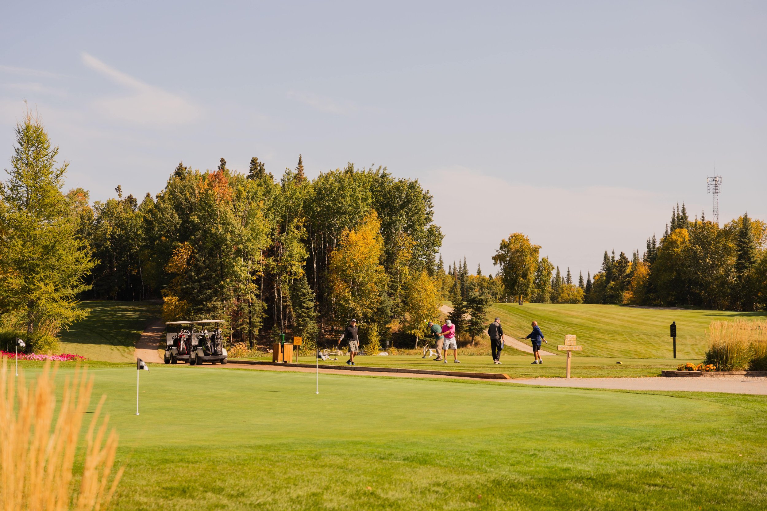 A group of people playing golf on a course with a lush green fairway, surrounded by tall trees with fall foliage, and a golf cart parked nearby.