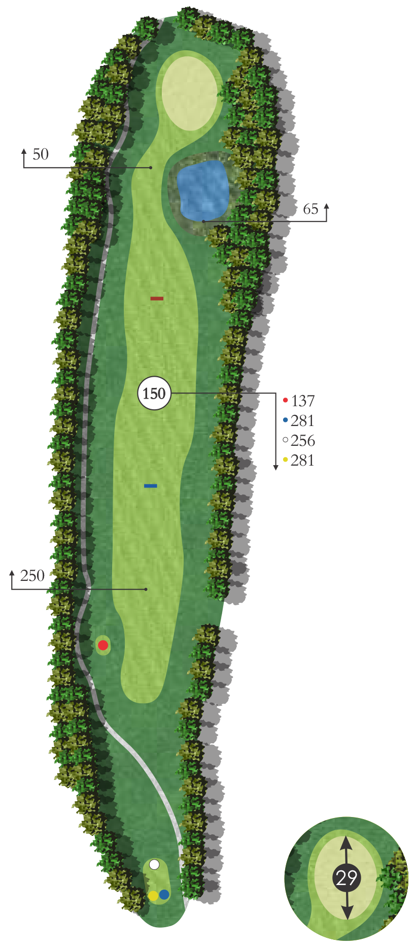 Golf course hole layout featuring fairway, green, sand trap, water hazard, and surrounding trees with distance markers.