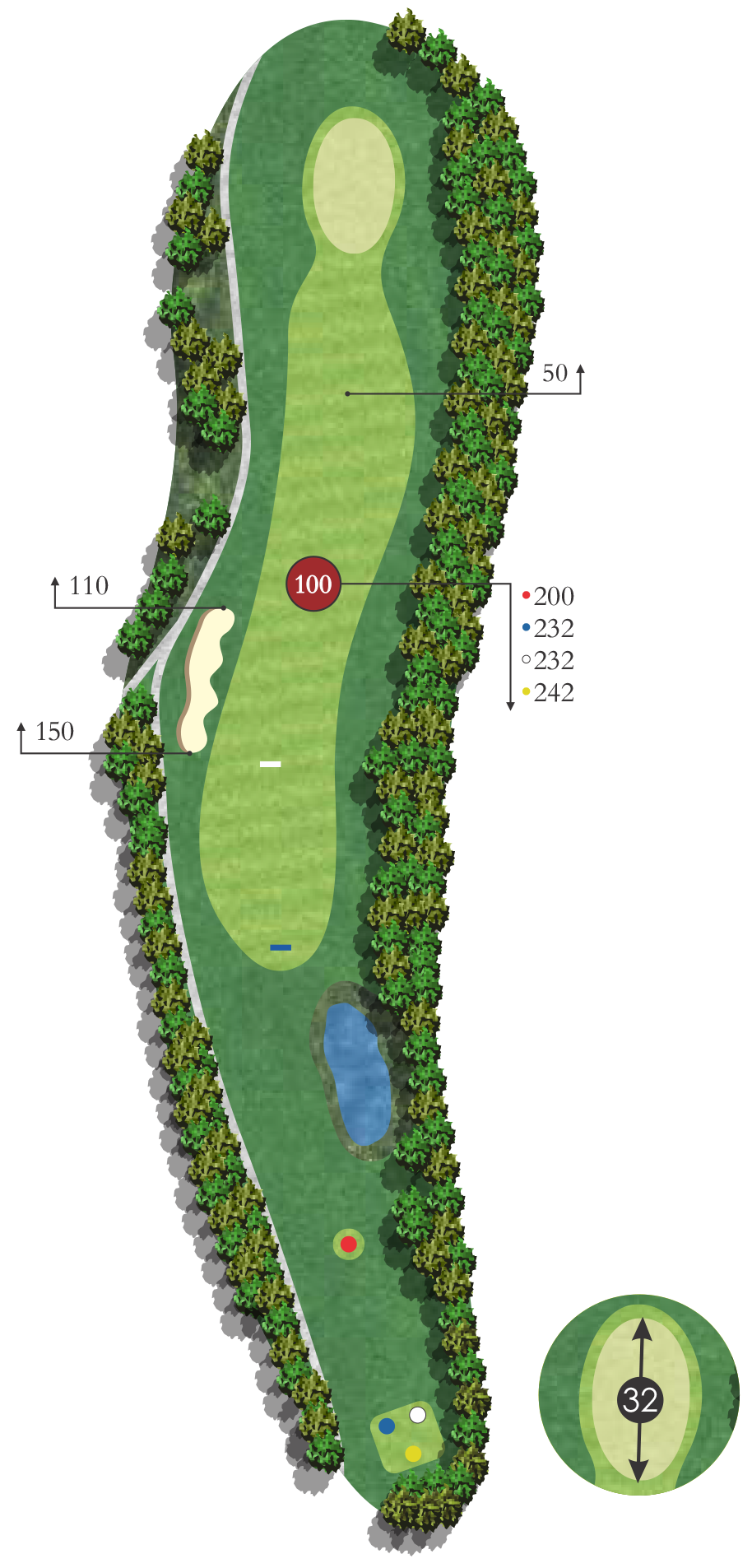 A detailed map of a golf hole, showing the fairway, green, hazards, trees, water hazard near the bottom, and a protractor indicating a 32-degree angle at the tee box.