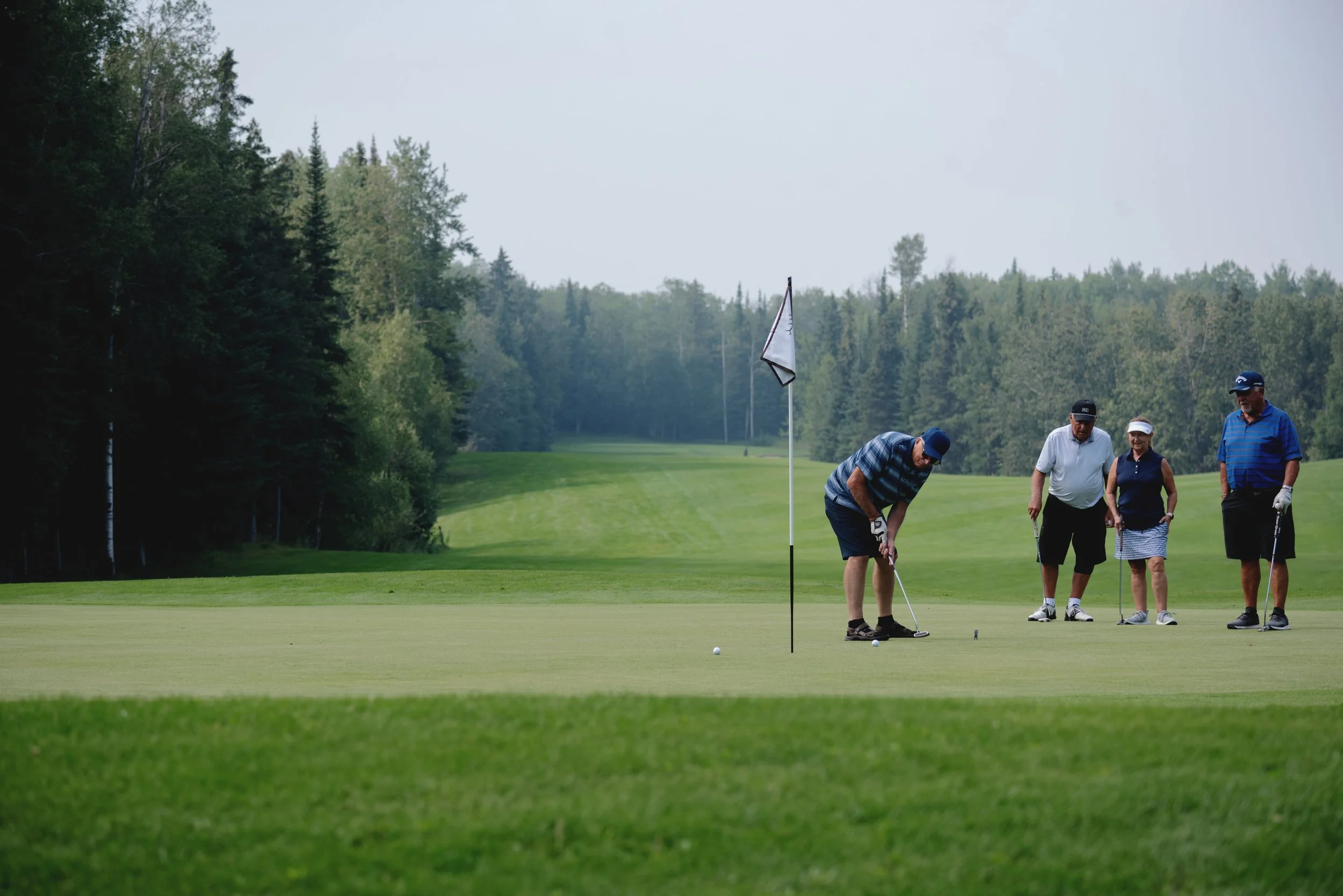 Four people playing golf on a lush green course near trees, with a flag on the green and a golf ball near a hole.