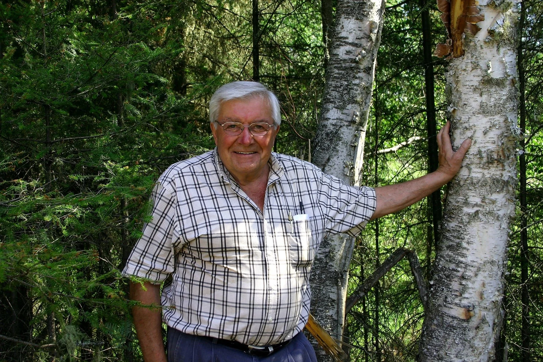 An elderly man in a checkered shirt smiling and standing outdoors in a forest, with his hand resting on a birch tree.