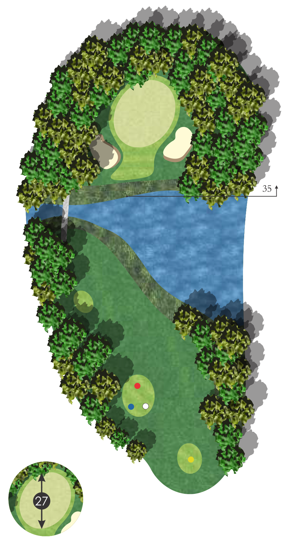 A golf course map showing holes, water hazards, bunkers, trees, and a flag indicating the 27th hole.