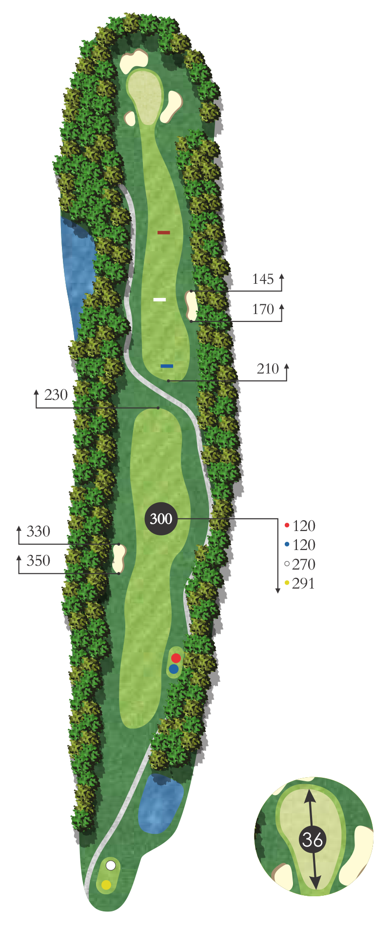 A detailed layout of a golf hole with trees lining the fairway, water hazards on the sides, and sand bunkers near the green. A marked distance of 300 yards from the tee is indicated.