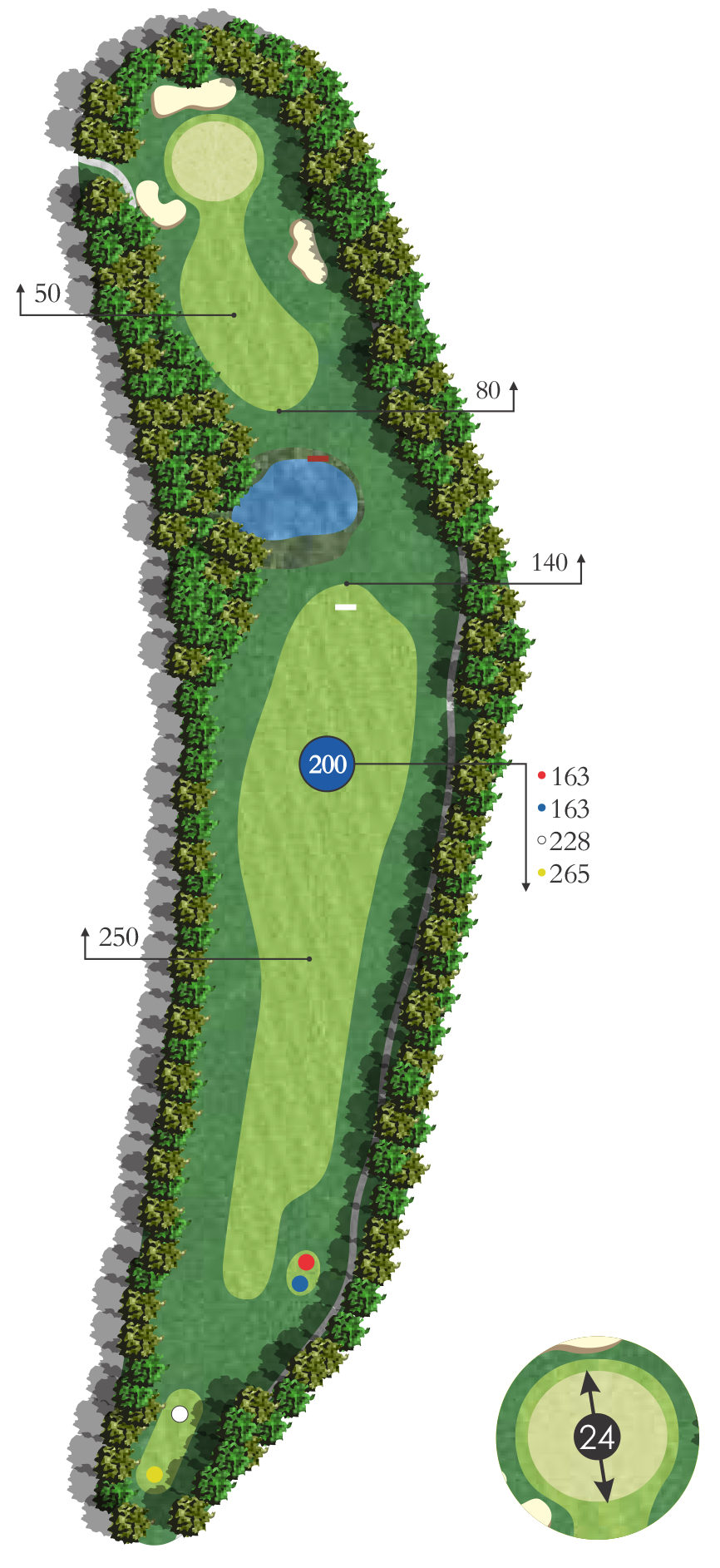 A detailed map of a golf hole showing the tee box, fairway, water hazard, green, and surrounding trees, with distances marked for the shot.