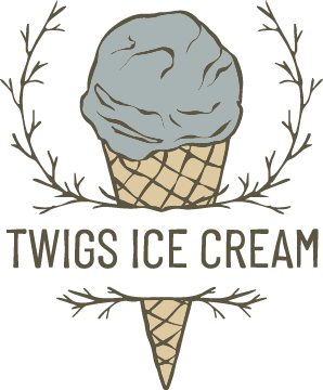 An ice cream cone with gray ice cream and the text "TWIGS ICE CREAM" below, surrounded by decorative leaves.