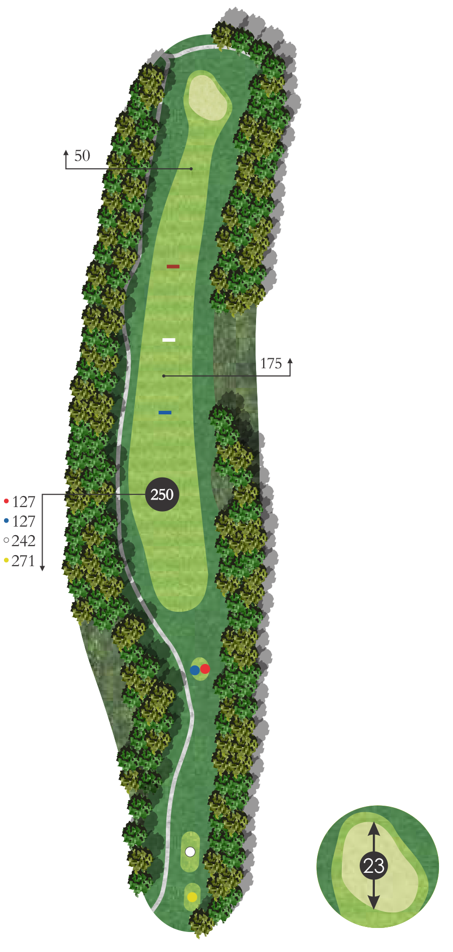 A detailed map of a golf hole with trees lining both sides of the fairway, marked with yardages, turn and hazard areas, and a flag at the hole.
