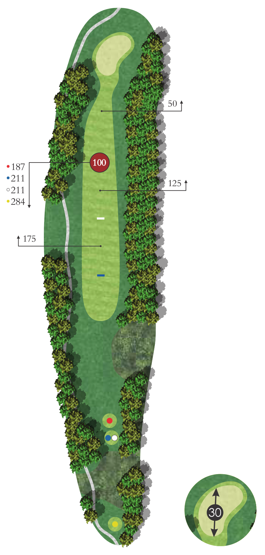 Map of a golf hole showing a dogleg right layout with trees lining both sides, a fairway, and a green with a sand trap and water hazard near it.