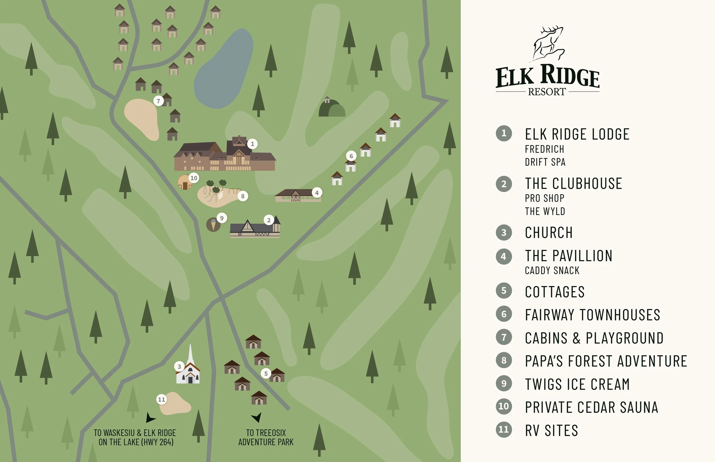 Map of Elk Ridge Resort showing various cabins, lodges, and recreational areas, with labeled key for amenities like lodge, clubhouse, church, pavilion, cottages, fairway townhouses, campground, cabins and playground, ice cream shop, private sauna, RV sites, and lakeside areas.