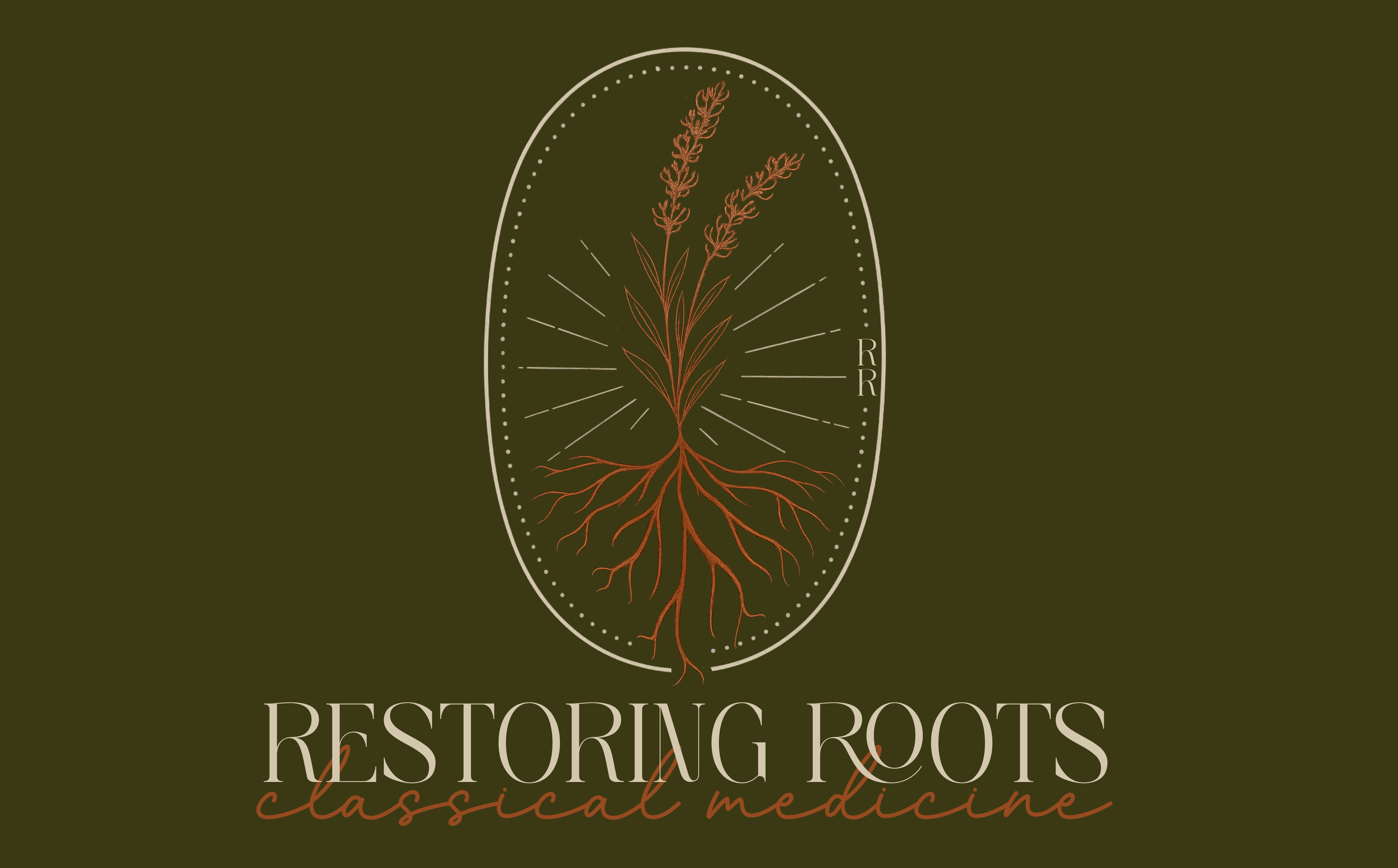 Logo for Restoring Roots, classic medicine. It features a stylized plant with roots and leaves inside an oval outline, on an olive green background.