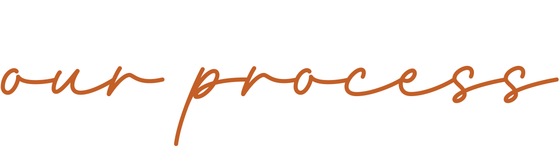 Text graphic that reads 'our process' in cursive brown font on a black background.