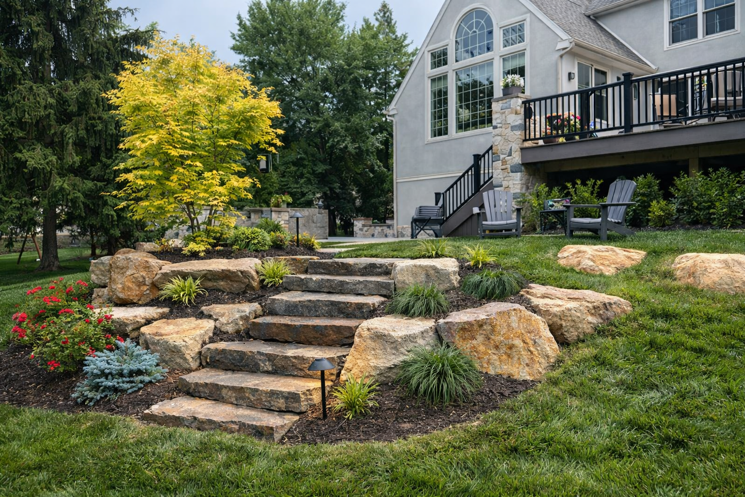 Backyard with stone staircase, landscaped garden with yellow and green plants, red and blue flowers, trees, and a house with large windows and a deck with outdoor seating.