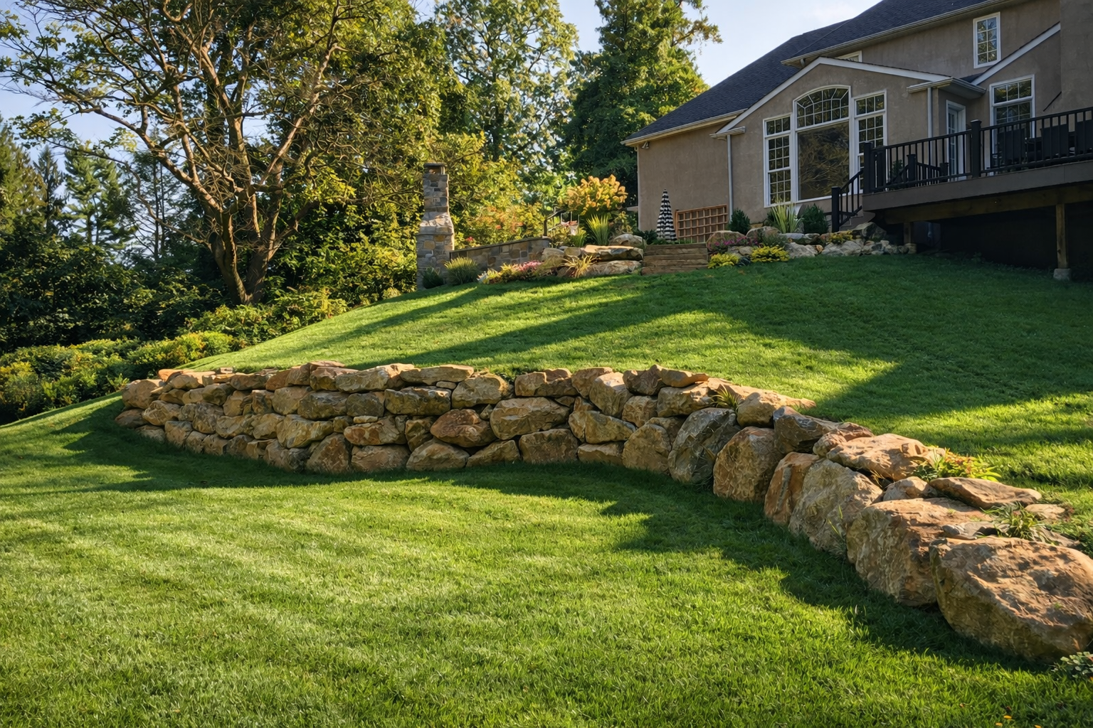 Well-maintained backyard with terraced lawn, stone retaining wall, lush green grass, trees, and a house with a deck and large windows in the background.