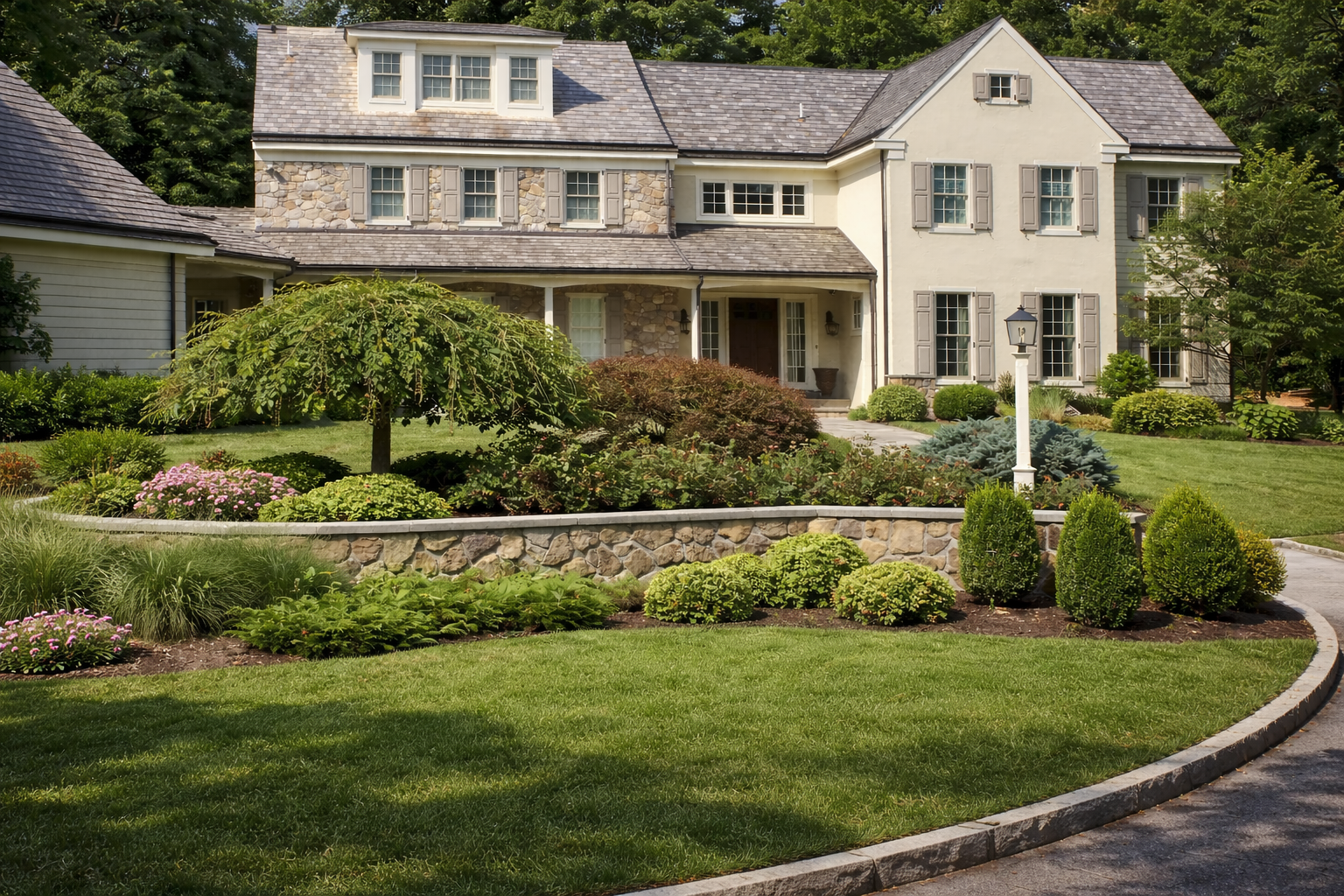 A well-maintained front lawn with green grass, landscaped garden beds with various plants and flowers, a decorative stone border, a white lamppost, and a large house with multiple windows, shutters, and a stone and stucco exterior.