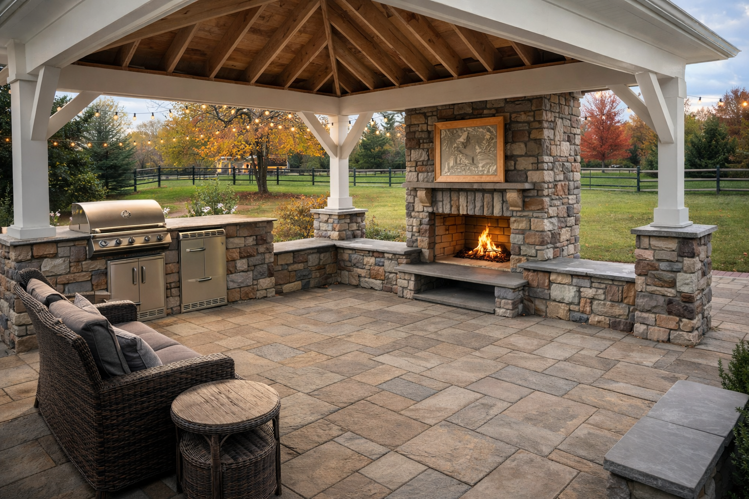Outdoor patio with stone flooring, a stone fireplace with a fire, a wicker sofa, a small round wicker table, a built-in grill, string lights overhead, and a grassy yard with trees in the background.