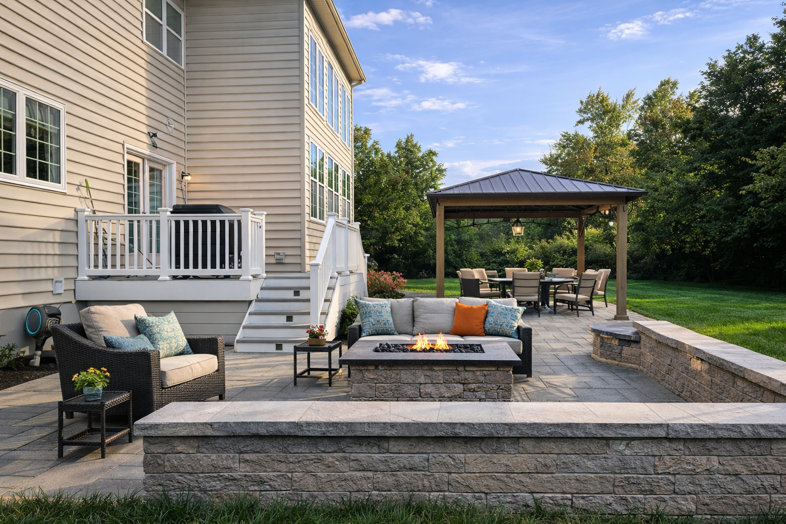 Backyard patio with a firepit, outdoor seating, a gazebo with a dining table, and a raised deck attached to a house, surrounded by greenery.
