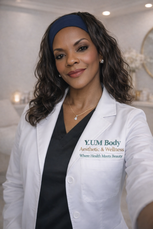 Smiling woman with curly hair wearing a navy headband and white medical coat with YUM Body Aesthetic & Wellness logo. Y.U.M Body Aesthetics and Wellness
2023 Ridge Rd, Suite 101, Homewood, IL