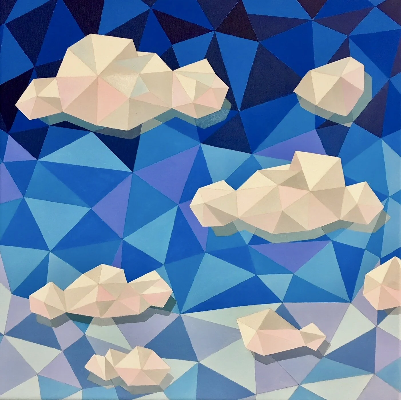 Stylized geometric painting of pale pink and cream clouds against a blue polygonal sky background.
