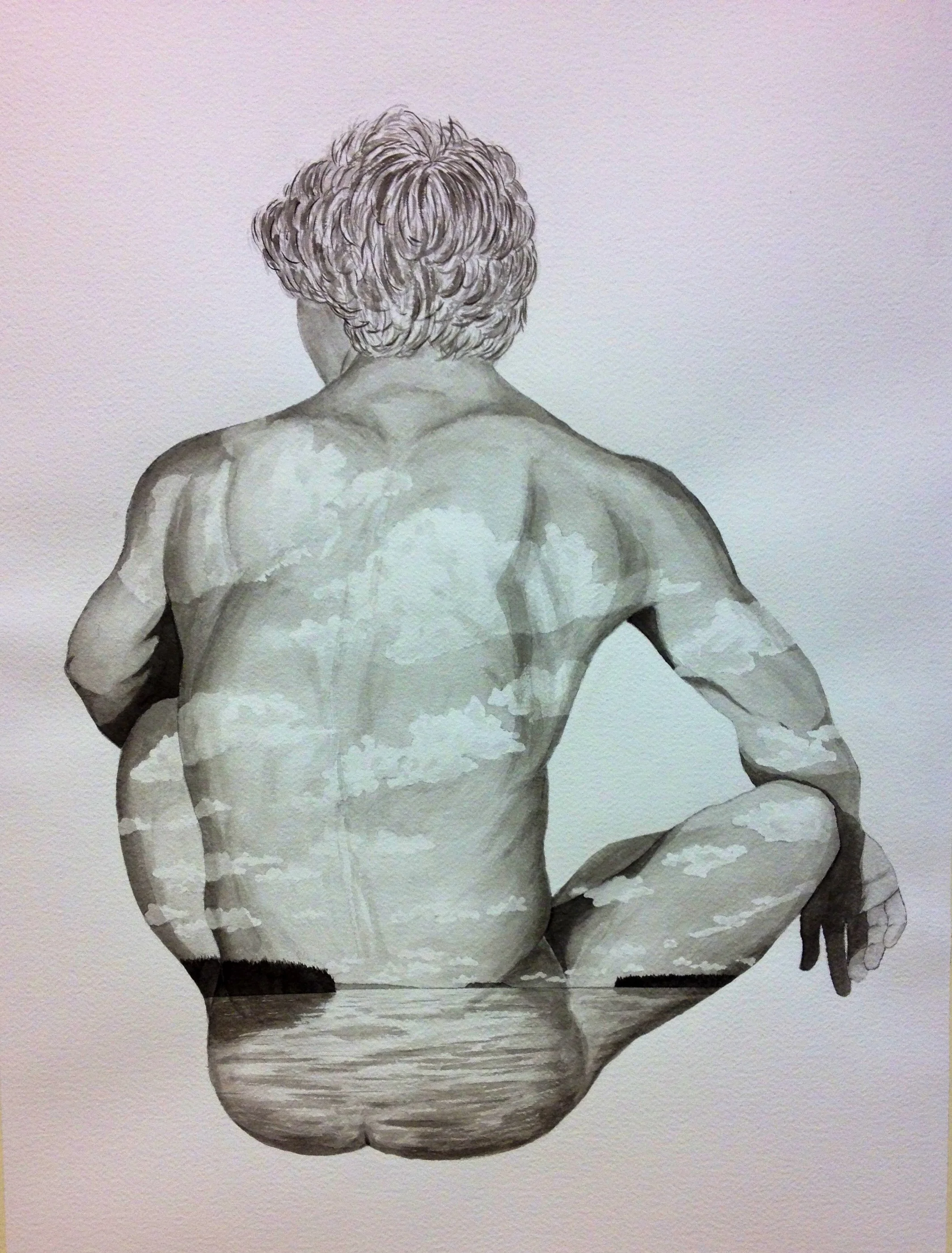 Gray watercolor painting of a muscular, seated man with curly hair, viewed from the back. The background is textured white.