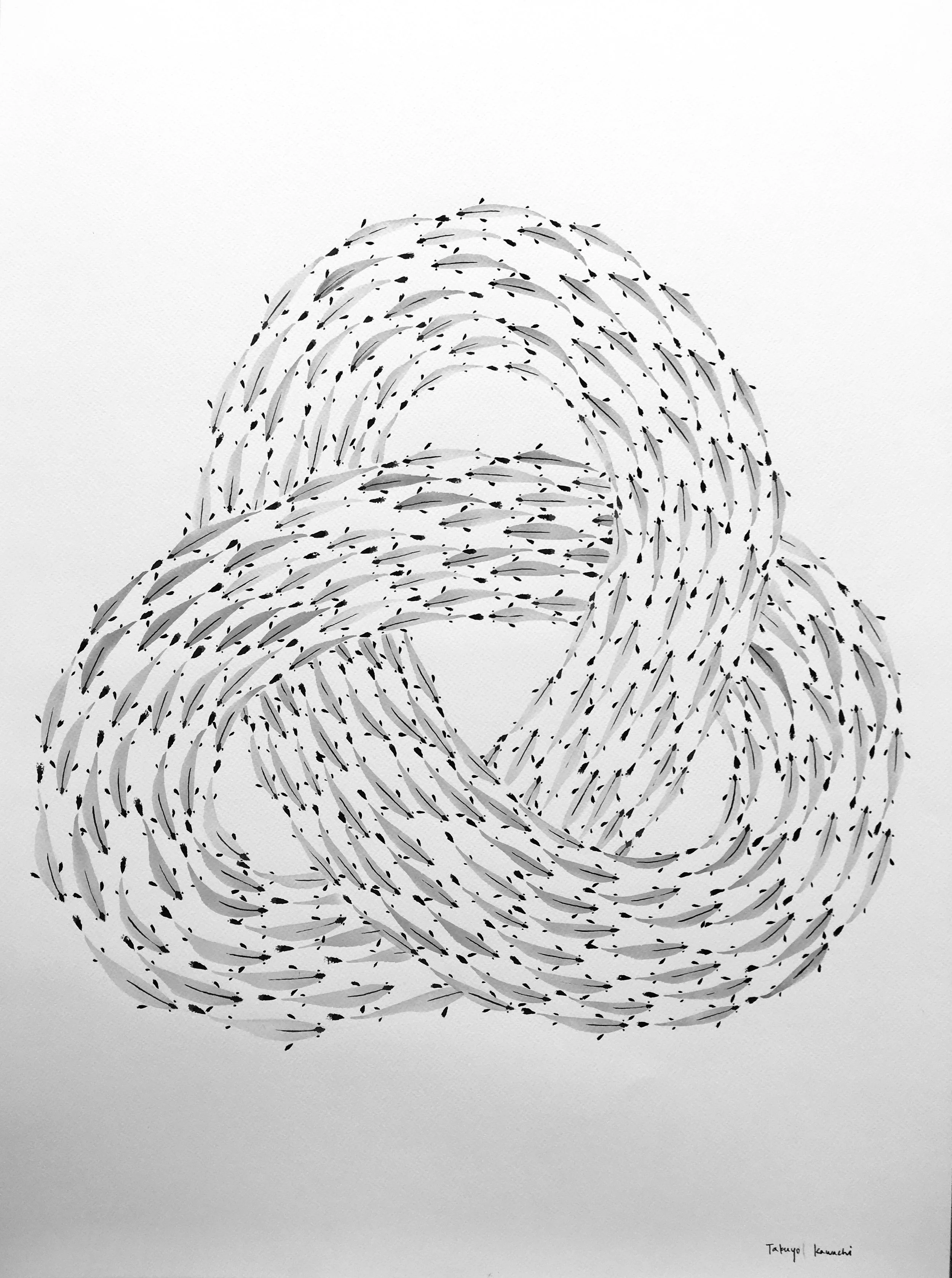 Black and white abstract drawing of intertwined, swirling lines with small leaf-like shapes, creating a complex, layered pattern.