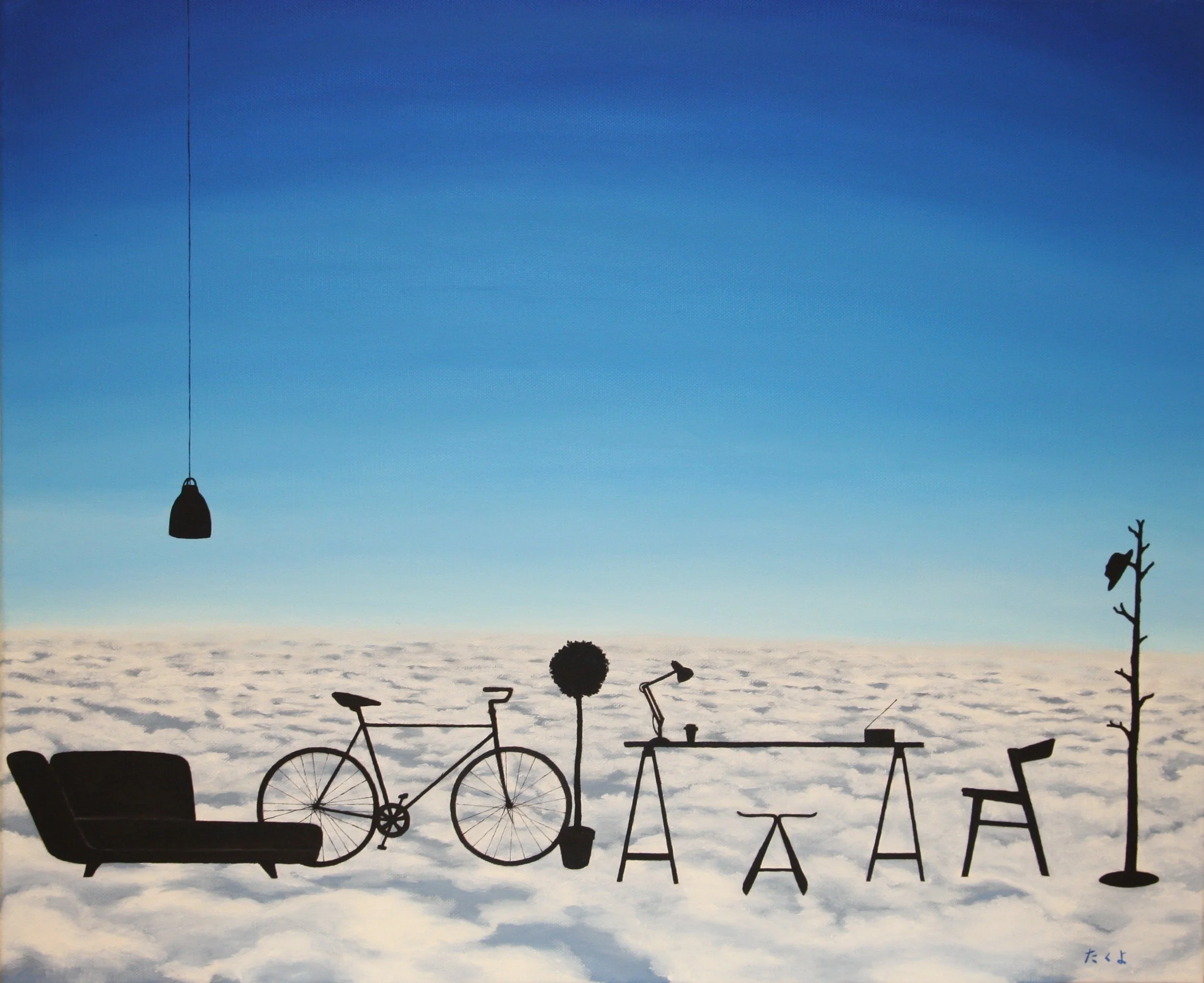 Silhouette of various objects including a couch, bicycle, potted plant, desk, chair, and a tall plant with one leaf against a backdrop of clouds and a blue sky, with a hanging lamp and small device on the desk.