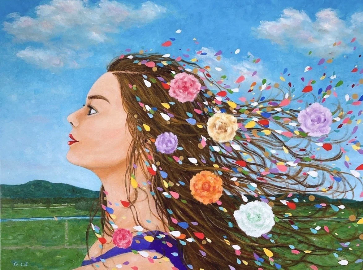 Painting of a woman with long hair adorned with colorful flowers, standing outdoors with green hills and a blue sky.