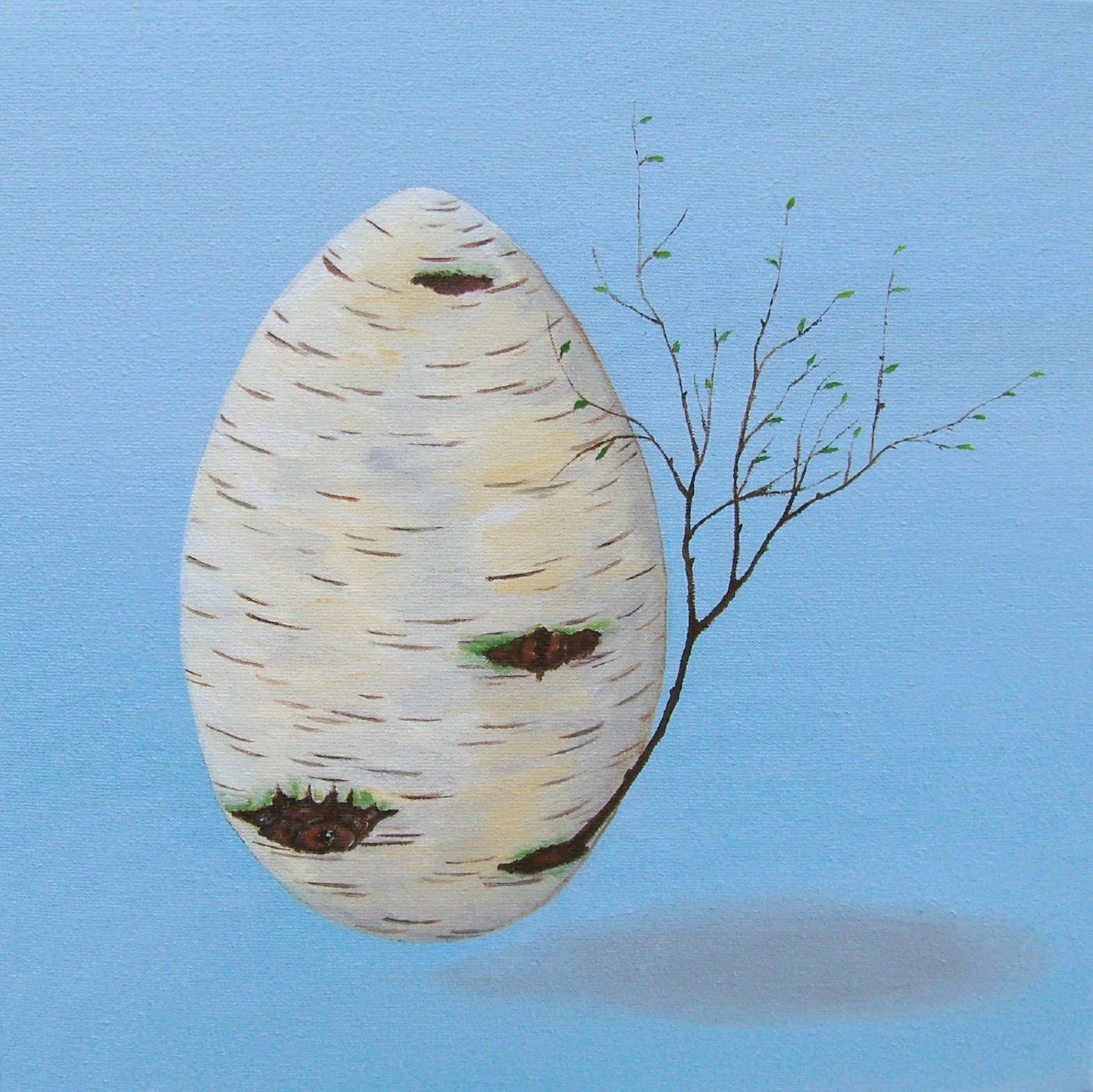 Painting of a large white egg with dark patches and a small leafless tree growing beside it, against a light blue background.