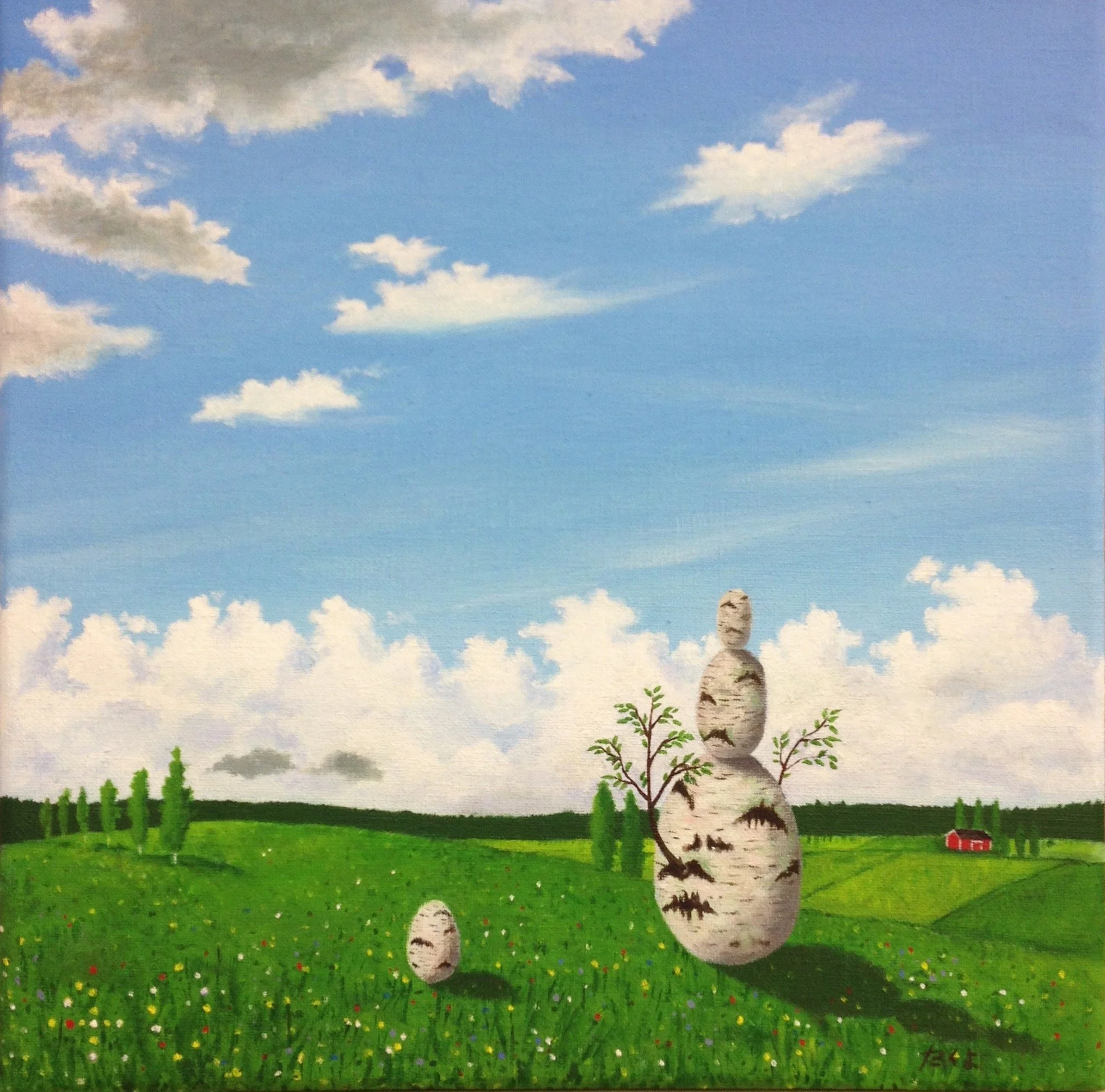 A surreal landscape with a green field, a blue sky with clouds, and a red house in the distance. There are two tree-like figures made of large birch tree faces and smaller birch faces, with the larger one standing vertically and the smaller one lying